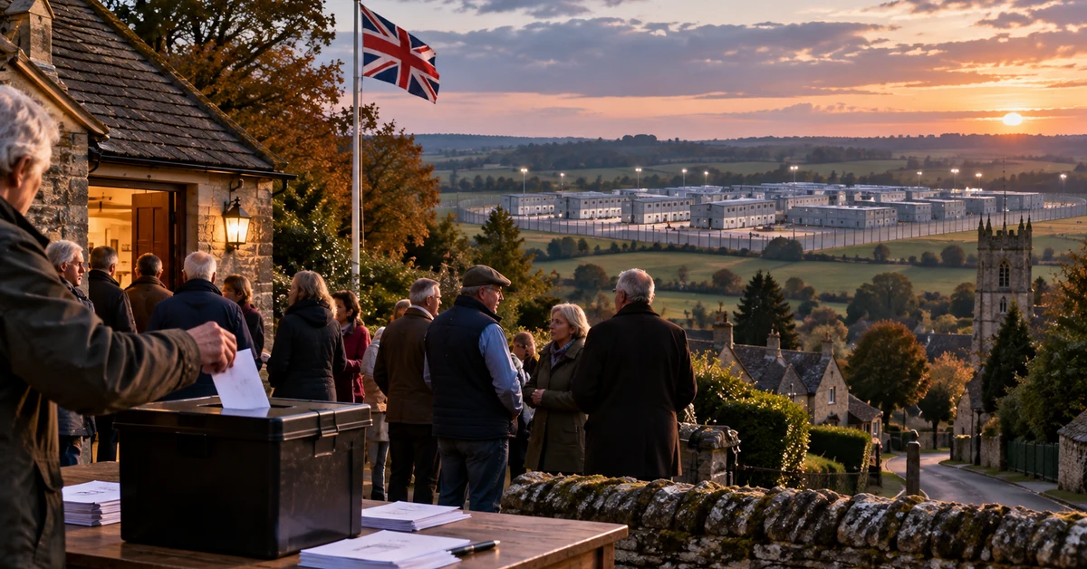 Illustration of residents voting in an Oxfordshire village with a proposed large accommodation site visible nearby.