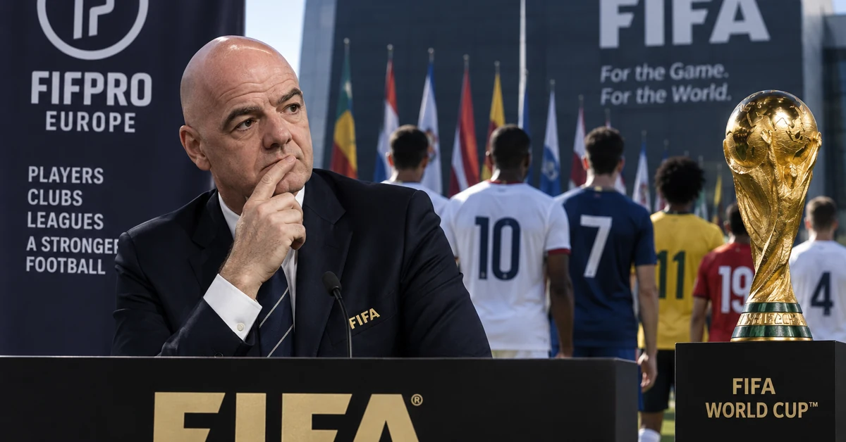 Football governance scene representing FIFA, FIFPRO Europe, players and the World Cup