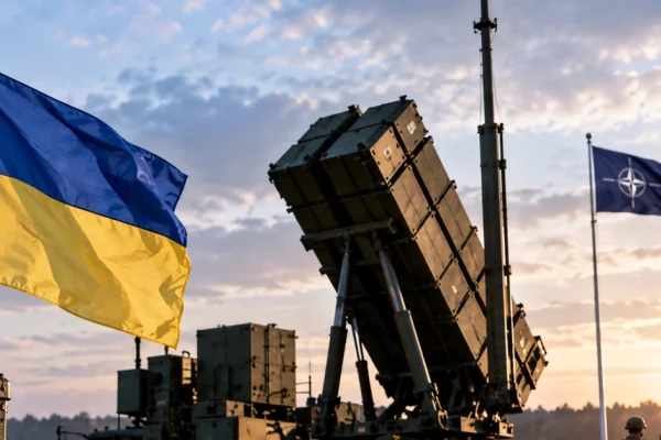 Editorial illustration of Polish and Ukrainian flags beside an air-defence missile launcher representing joint European anti-ballistic development.