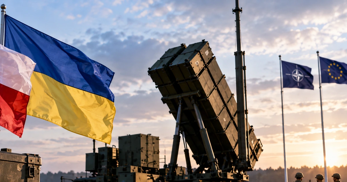 Editorial illustration of Polish and Ukrainian flags beside an air-defence missile launcher representing joint European anti-ballistic development.