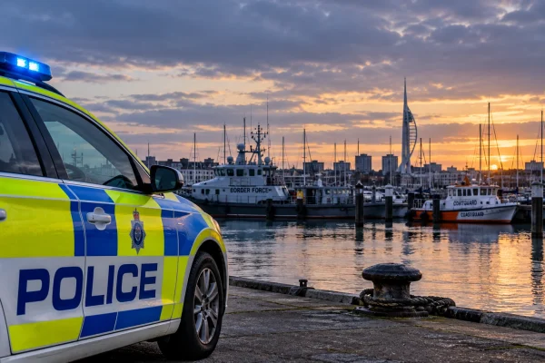 Police vehicle overlooking a quiet Portsmouth marina with Border Force and Coastguard vessels