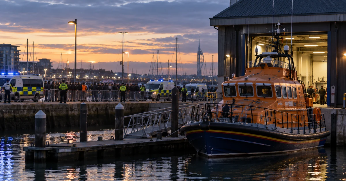 Illustration of a lifeboat station at Portsmouth harbour with a rescue vessel alongside while police monitor a crowd across the marina.