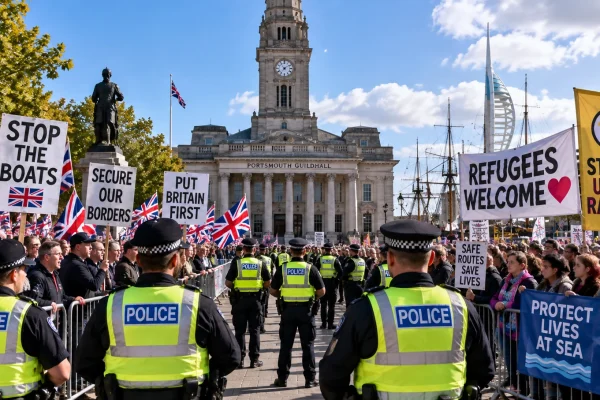 Rival immigration demonstrations separated by police near Portsmouth Guildhall