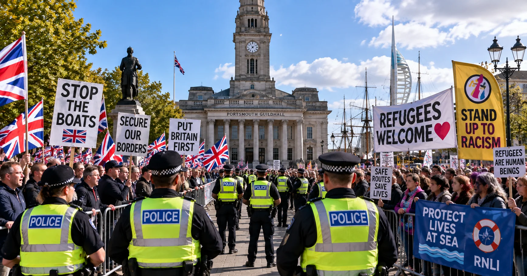 Rival immigration demonstrations separated by police near Portsmouth Guildhall