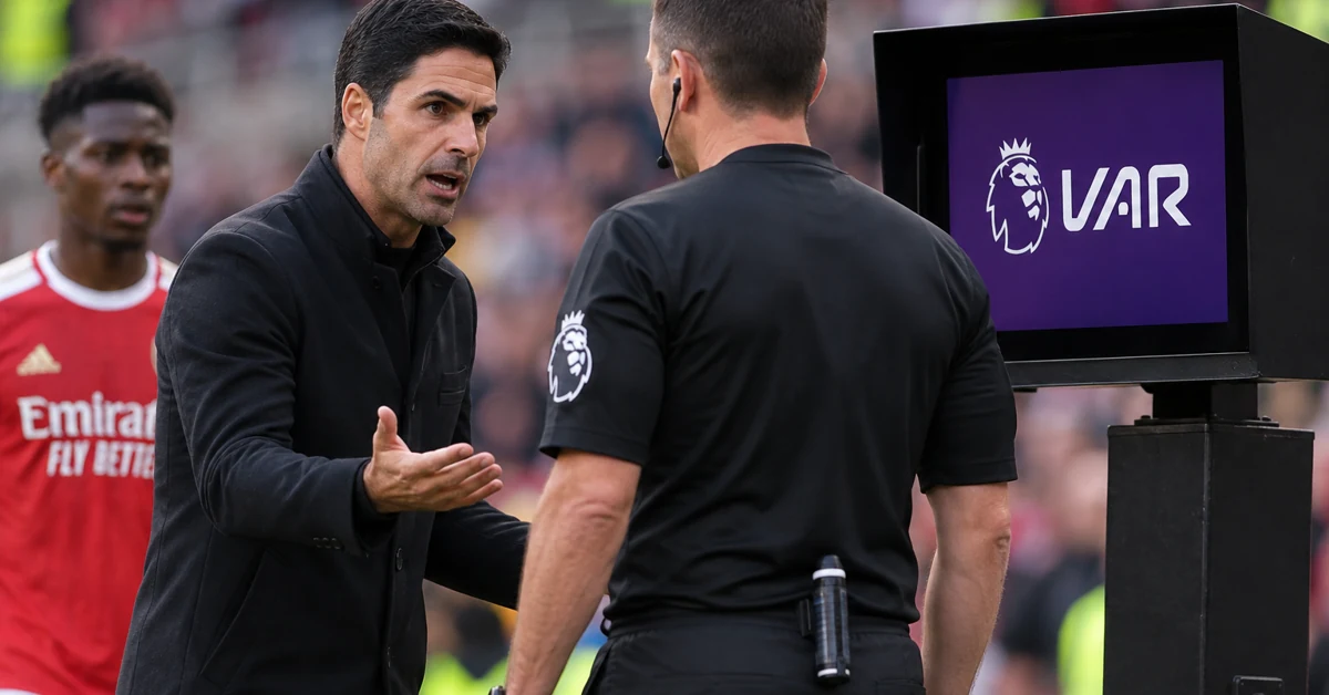 Football manager confronting a Premier League referee beside a VAR monitor
