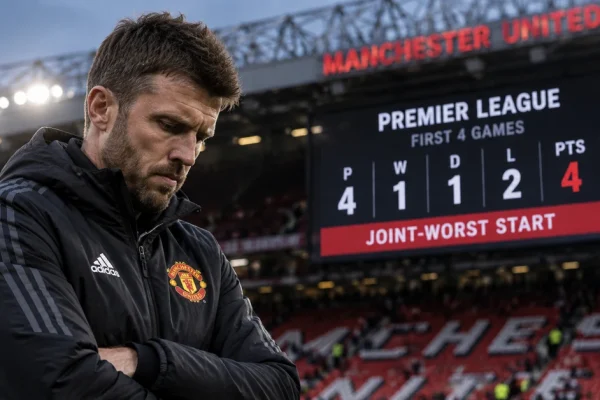 Manchester United manager on the touchline at Old Trafford, illustrating pressure after a four-point start to the Premier League season.