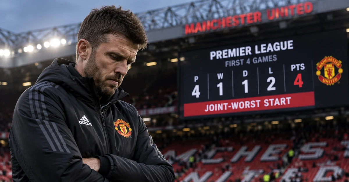 Manchester United manager on the touchline at Old Trafford, illustrating pressure after a four-point start to the Premier League season.