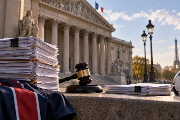 Court papers, a judge's gavel and a football outside a Paris courthouse, illustrating the financial dispute between Kylian Mbappé and PSG.