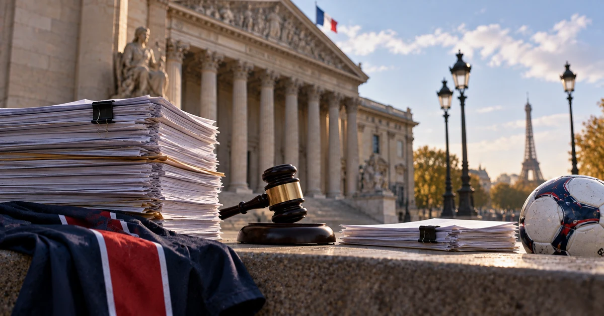 Court papers, a judge's gavel and a football outside a Paris courthouse, illustrating the financial dispute between Kylian Mbappé and PSG.