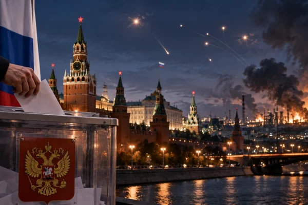 Editorial illustration of a Russian ballot box in Moscow as smoke and aerial attacks appear over the capital, representing the wartime parliamentary election.