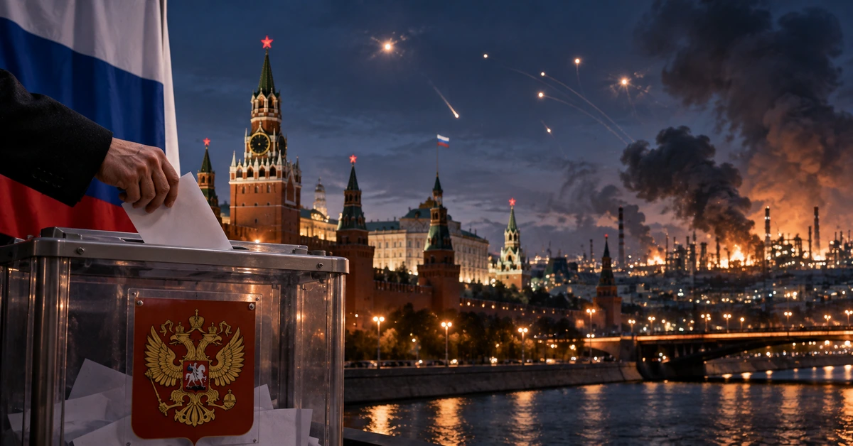 Editorial illustration of a Russian ballot box in Moscow as smoke and aerial attacks appear over the capital, representing the wartime parliamentary election.