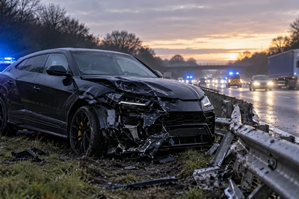 A damaged black luxury SUV beside a motorway with police vehicles attending, illustrating the dangerous-driving case.