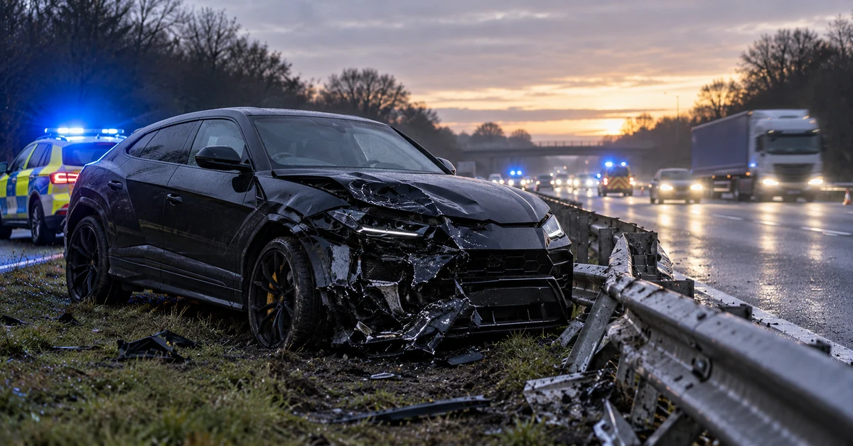 A damaged black luxury SUV beside a motorway with police vehicles attending, illustrating the dangerous-driving case.