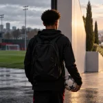 Illustration of a teenage football prospect standing between an English academy training ground and a sunlit Spanish football complex.