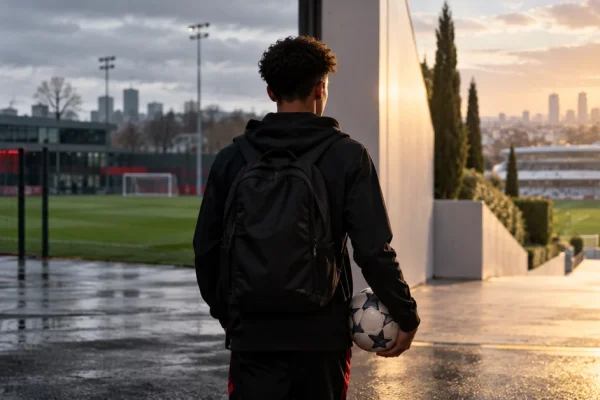 Illustration of a teenage football prospect standing between an English academy training ground and a sunlit Spanish football complex.