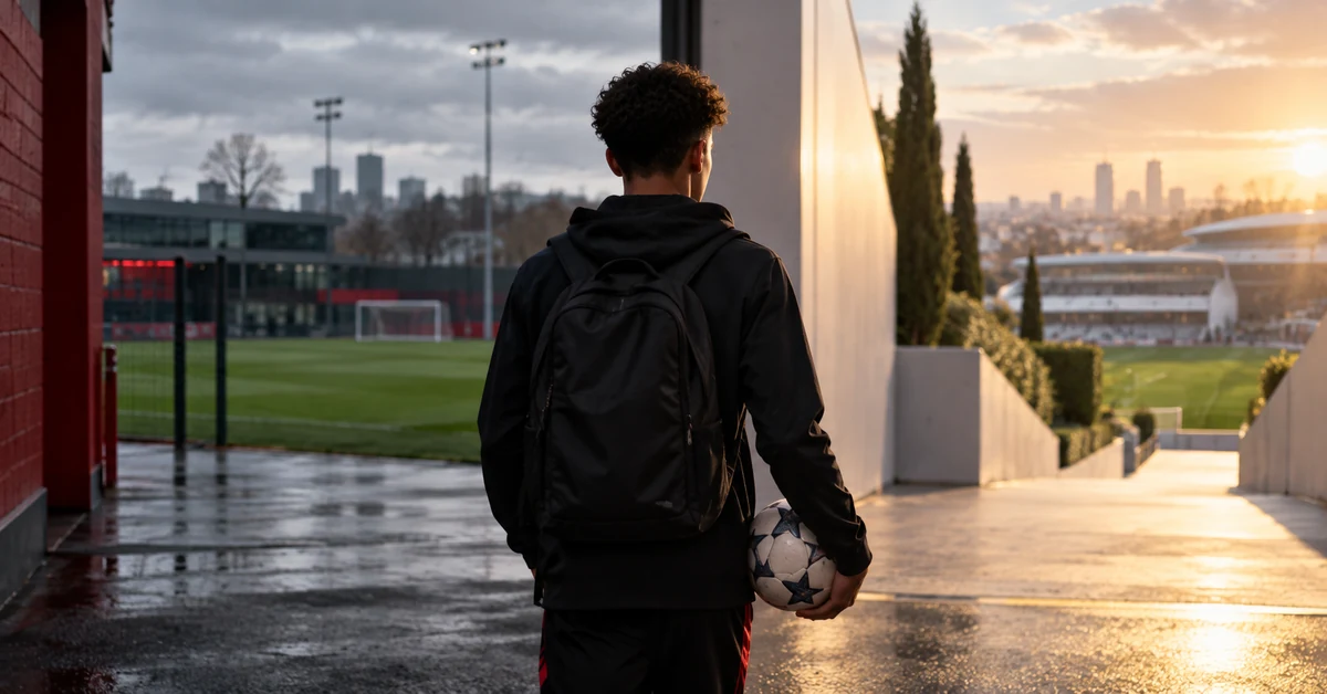 Illustration of a teenage football prospect standing between an English academy training ground and a sunlit Spanish football complex.