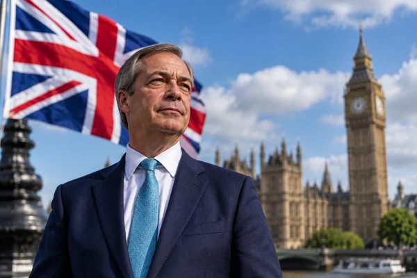 Nigel Farage outside the Houses of Parliament with a Union Jack