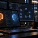 Editorial illustration of AI-assisted cybersecurity research on computer systems in a secure technical workspace.