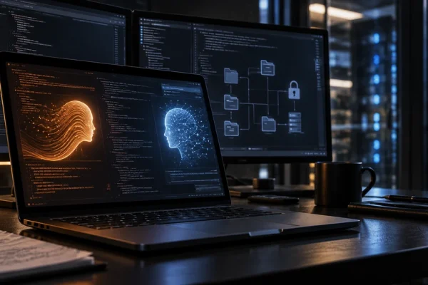 Editorial illustration of AI-assisted cybersecurity research on computer systems in a secure technical workspace.