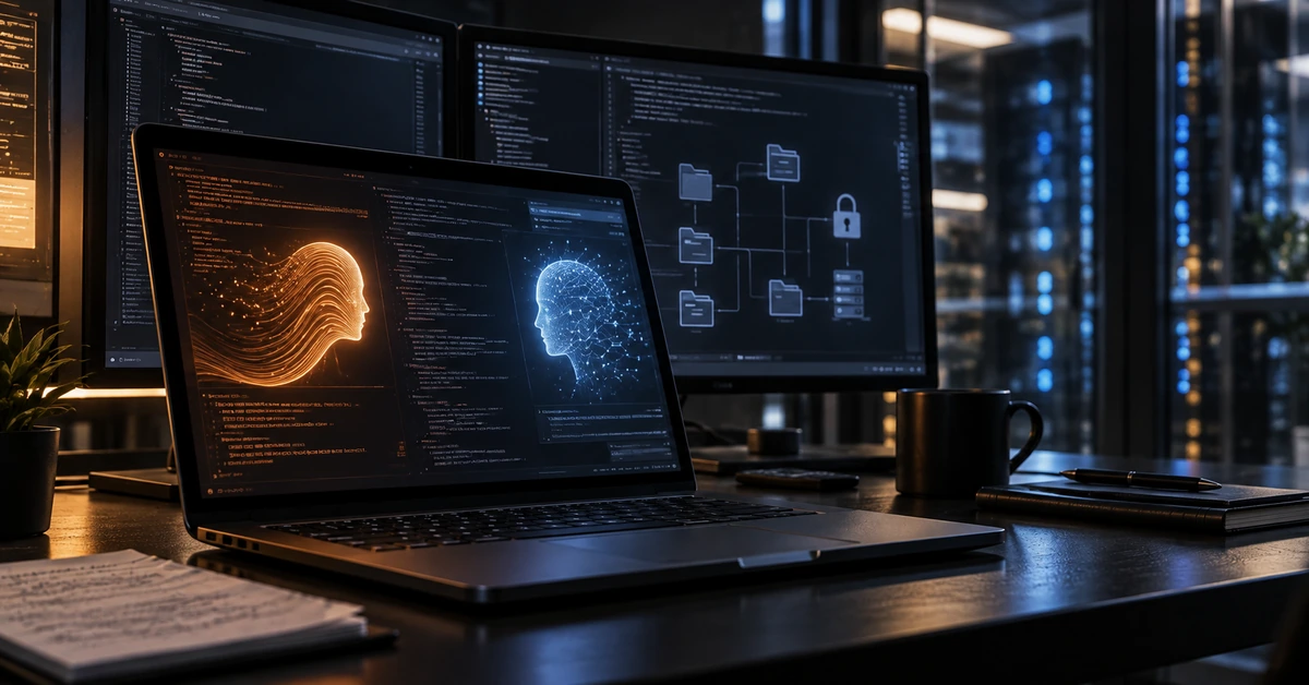 Editorial illustration of AI-assisted cybersecurity research on computer systems in a secure technical workspace.