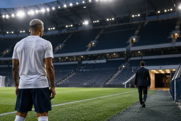 An isolated footballer standing beside an empty pitch as a staff member walks away towards the tunnel.