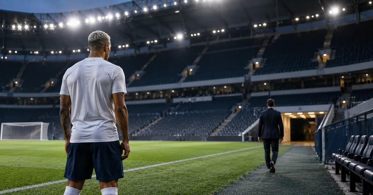 An isolated footballer standing beside an empty pitch as a staff member walks away towards the tunnel.