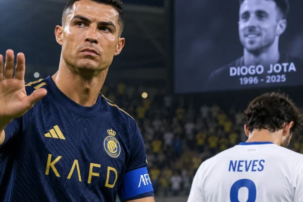 Cristiano Ronaldo and Rúben Neves in a football stadium with a tribute to Diogo Jota