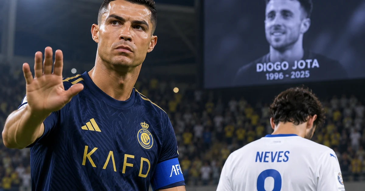Cristiano Ronaldo and Rúben Neves in a football stadium with a tribute to Diogo Jota