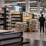 Editorial illustration of Russian state control over a large consumer-goods retail operation, representing the temporary administration of Western-owned assets.