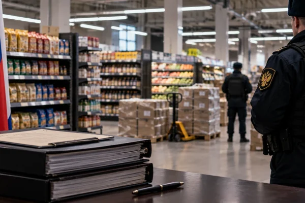 Editorial illustration of Russian state control over a large consumer-goods retail operation, representing the temporary administration of Western-owned assets.