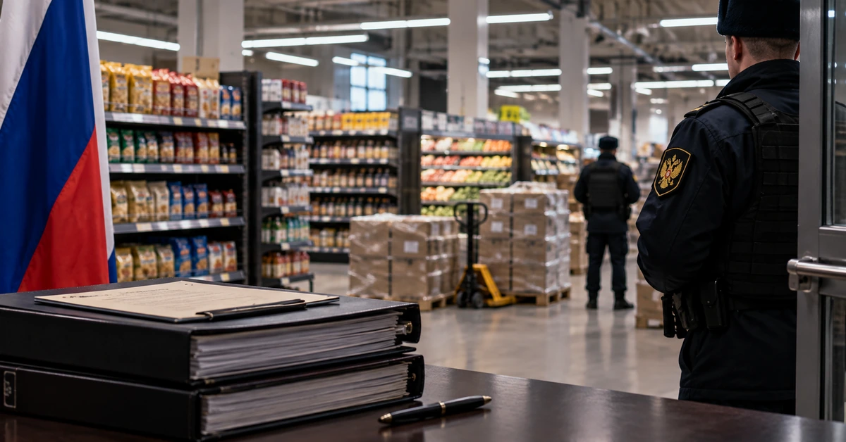 Editorial illustration of Russian state control over a large consumer-goods retail operation, representing the temporary administration of Western-owned assets.