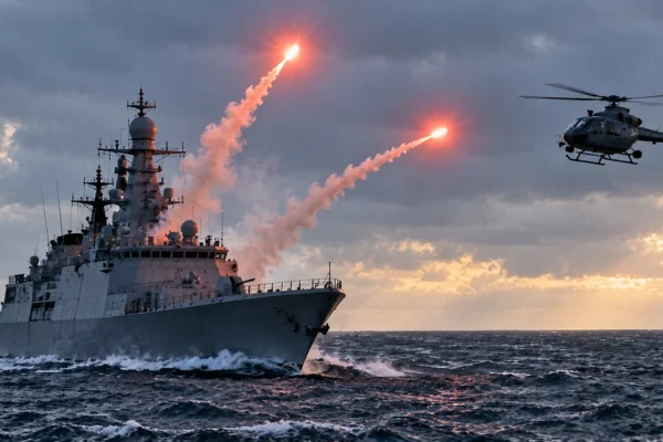 A naval frigate firing warning flares near a military helicopter over rough seas.