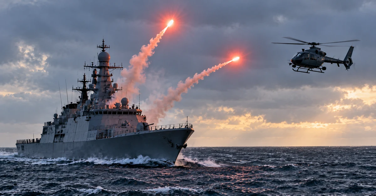 A naval frigate firing warning flares near a military helicopter over rough seas.