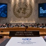 Editorial illustration of a United Nations Security Council meeting focused on artificial intelligence and international security.