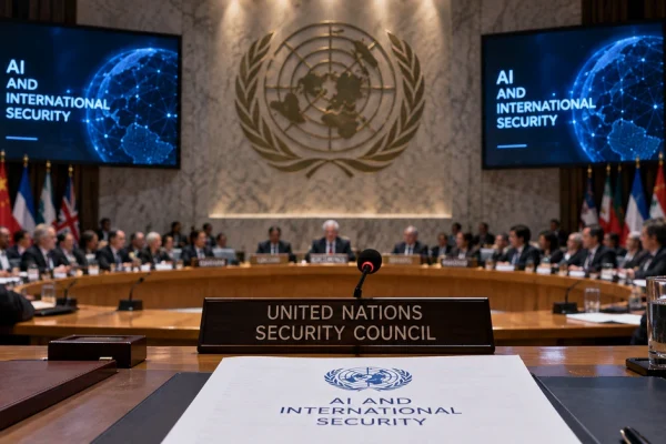 Editorial illustration of a United Nations Security Council meeting focused on artificial intelligence and international security.