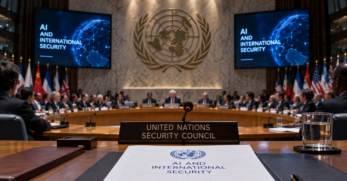 Editorial illustration of a United Nations Security Council meeting focused on artificial intelligence and international security.