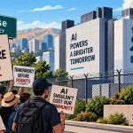 Illustration of San Jose residents protesting outside a large AI data centre over electricity, water and infrastructure demands.