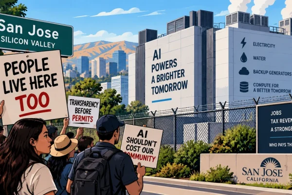 Illustration of San Jose residents protesting outside a large AI data centre over electricity, water and infrastructure demands.