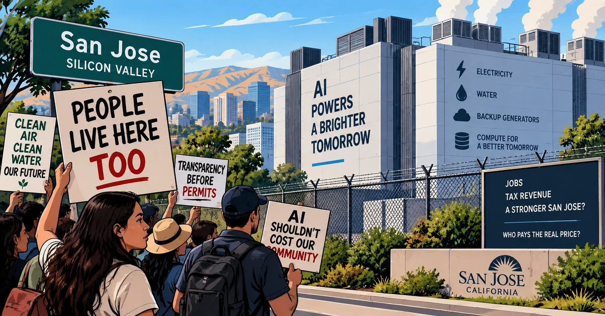 Illustration of San Jose residents protesting outside a large AI data centre over electricity, water and infrastructure demands.