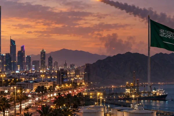 Saudi city and Red Sea energy infrastructure under a missile threat at dusk, illustrating emergency alerts during escalating Houthi attacks.