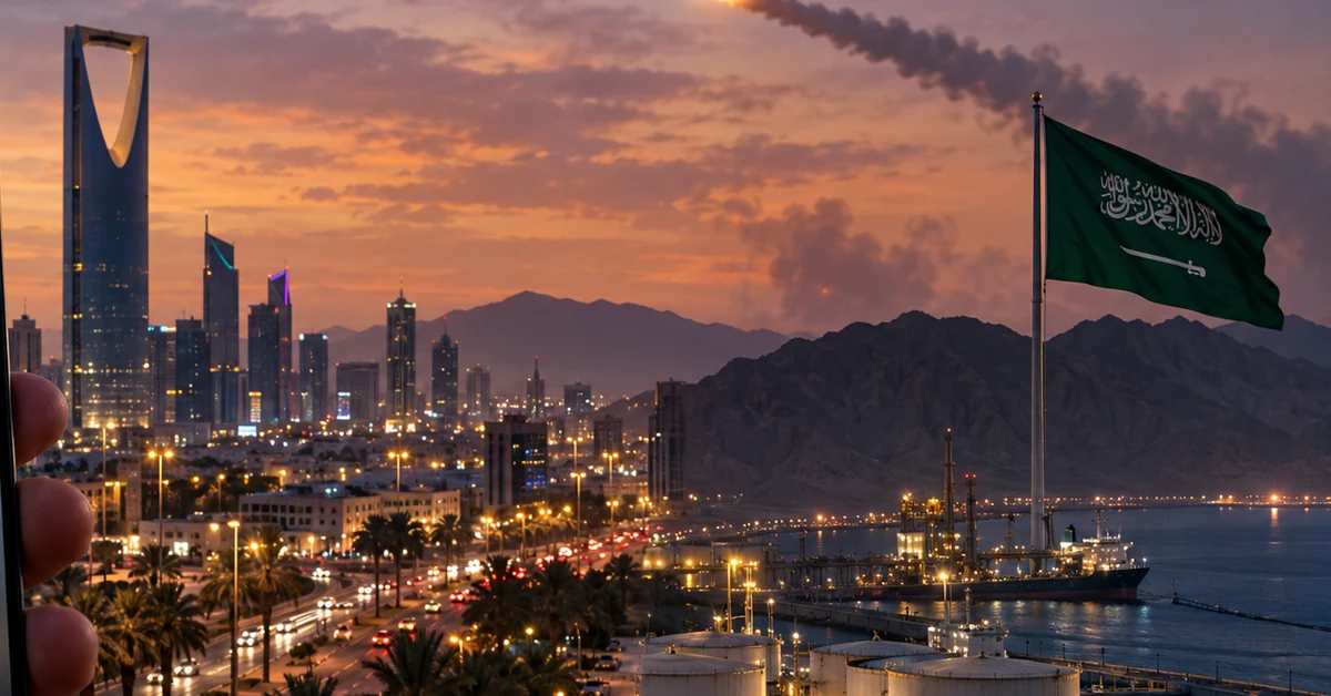 Saudi city and Red Sea energy infrastructure under a missile threat at dusk, illustrating emergency alerts during escalating Houthi attacks.