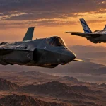 Illustration of Saudi and Israeli F-35 fighter aircraft flying over a Middle Eastern landscape at sunset.