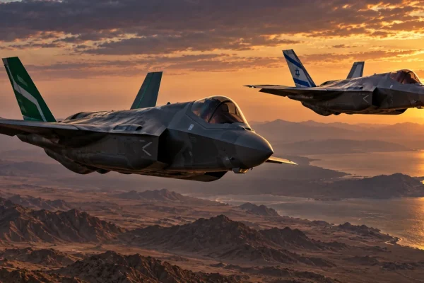 Illustration of Saudi and Israeli F-35 fighter aircraft flying over a Middle Eastern landscape at sunset.