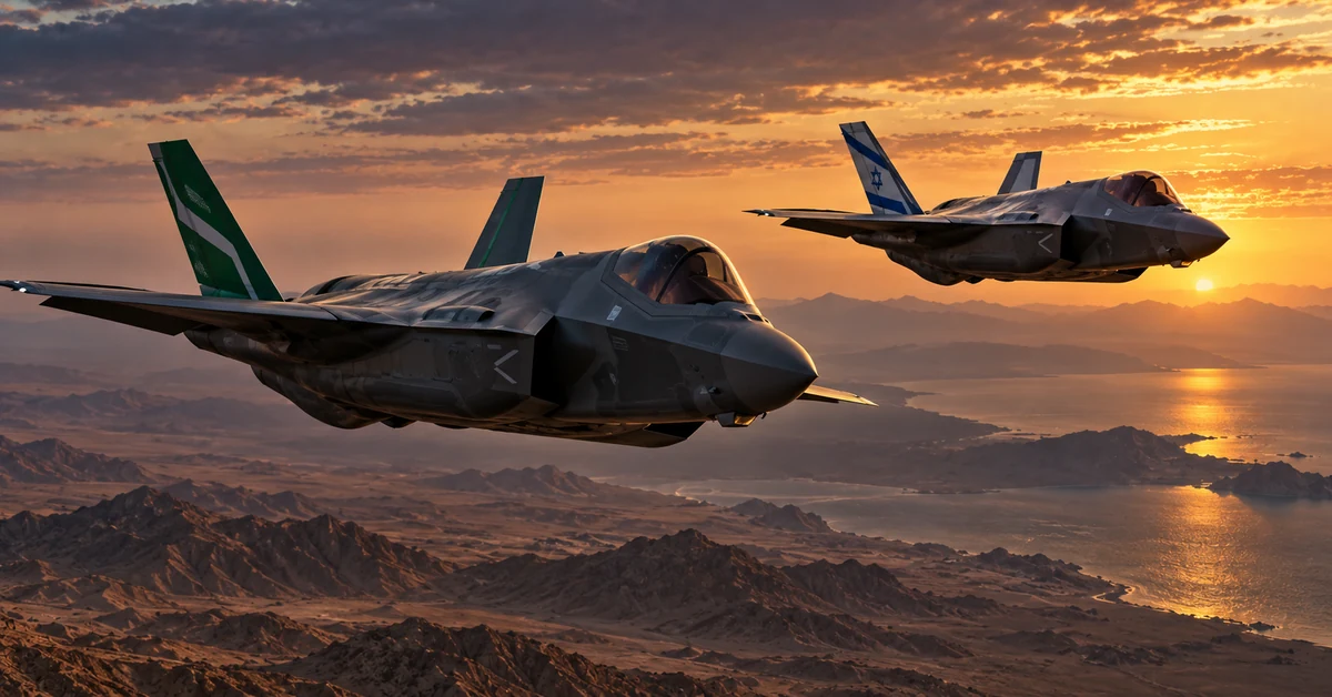 Illustration of Saudi and Israeli F-35 fighter aircraft flying over a Middle Eastern landscape at sunset.