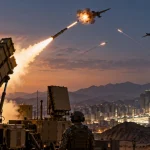 Illustration of Saudi air-defence systems firing interceptors against incoming drones and missiles.