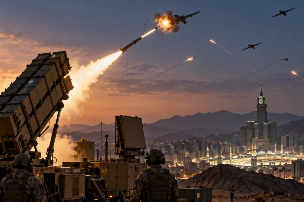 Illustration of Saudi air-defence systems firing interceptors against incoming drones and missiles.