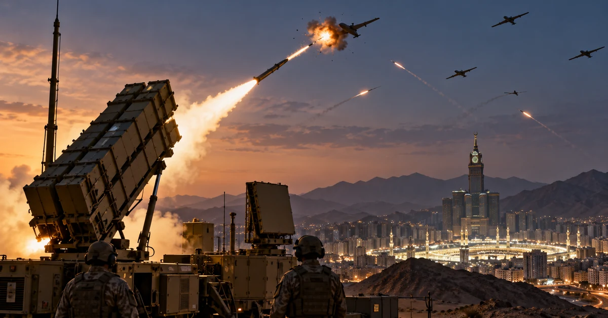 Illustration of Saudi air-defence systems firing interceptors against incoming drones and missiles.