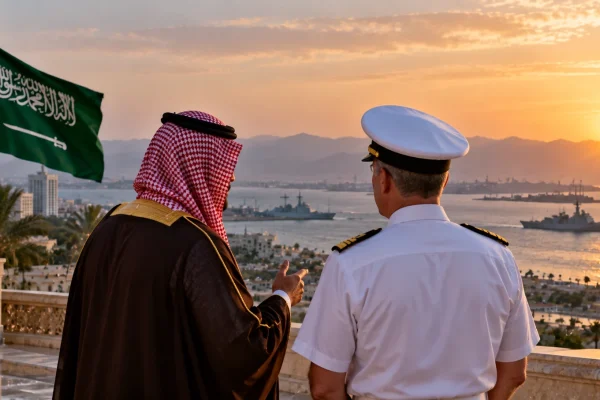 Saudi official and senior naval officer overlooking warships and a coastal city at sunset