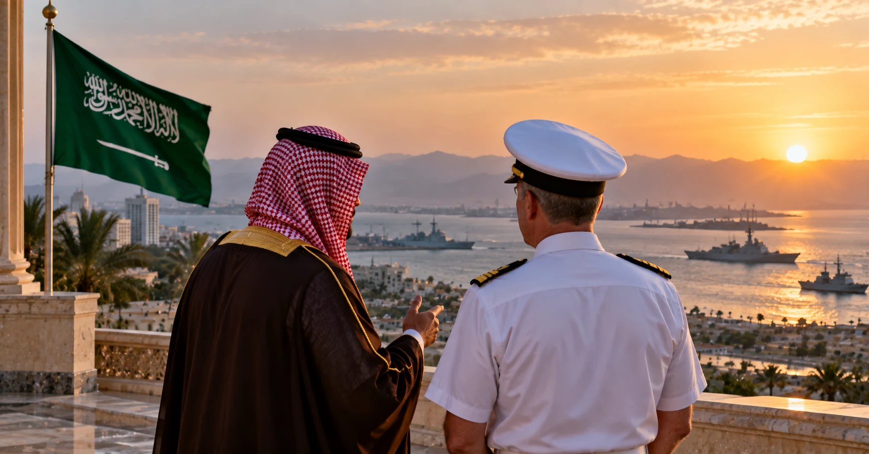 Saudi official and senior naval officer overlooking warships and a coastal city at sunset
