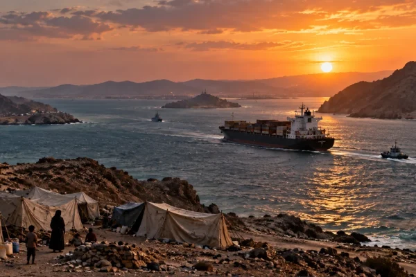 Displaced families in a coastal camp overlooking shipping through the Bab el-Mandeb region at sunset.